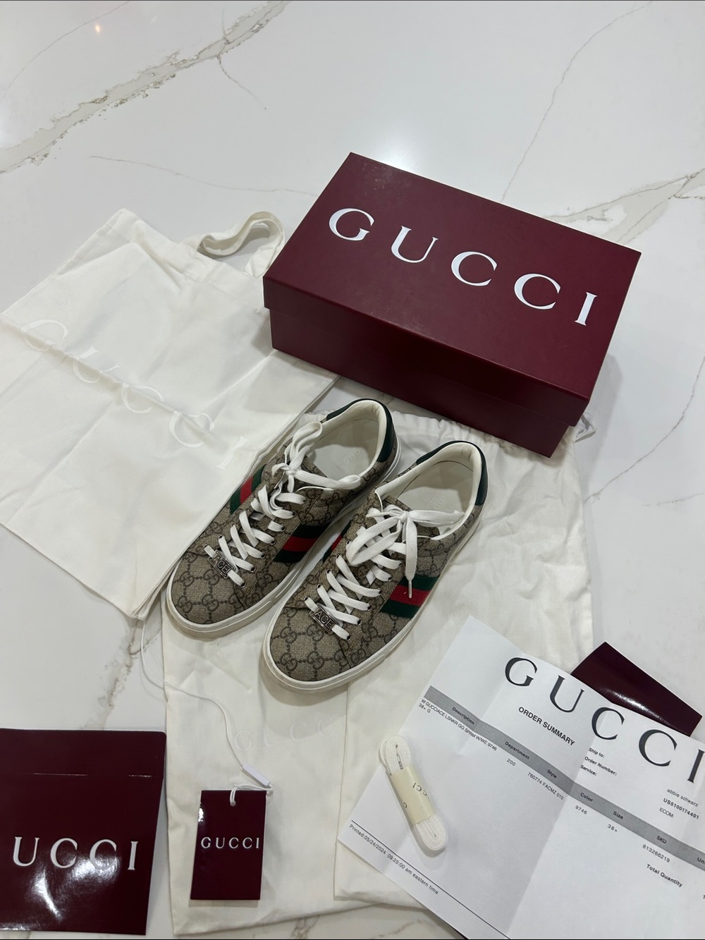 Gucci Beige GG Canvas Sneakers ACE with Green and Red Web